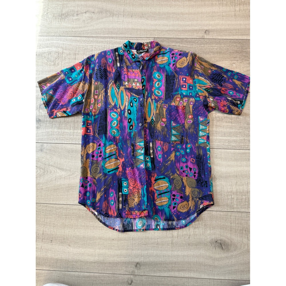 90s abstract colorful button up shirt oversized artsy vintage style